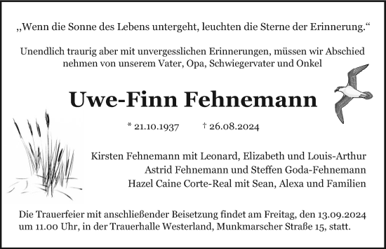 Traueranzeige von Uwe-Finn Fehnemann von Sylter Rundschau