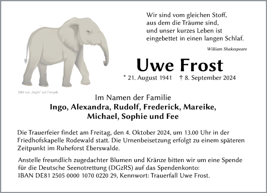 Traueranzeige von Uwe Frost von Region Pinneberg und tip Pinneberg