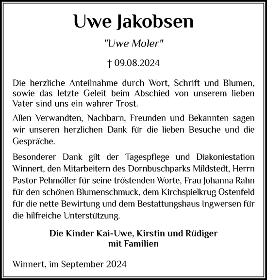 Traueranzeige von Uwe Jakobsen von Husumer Nachrichten, Nordfriesland Tageblatt