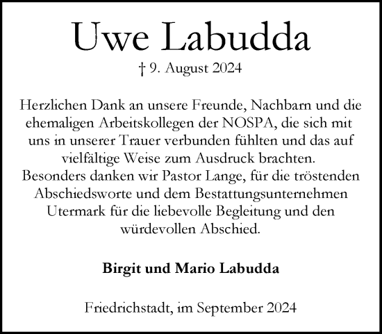 Traueranzeige von Uwe Labudda von Husumer Nachrichten, Nordfriesland Tageblatt