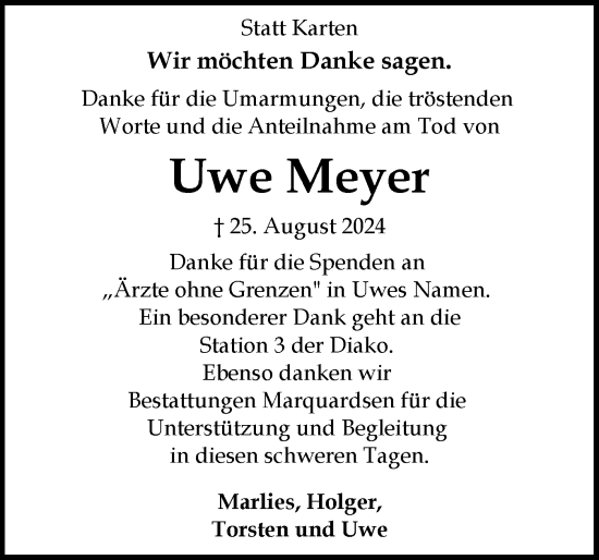 Traueranzeige von Uwe Meyer von Flensburger Tageblatt