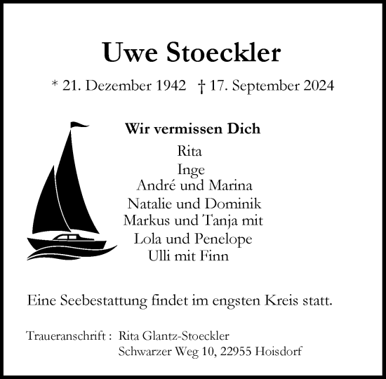 Traueranzeige von Uwe Stoeckler von Stormaner Tageblatt