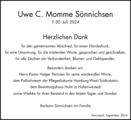 Traueranzeige von Uwe C. Momme Sönnichsen von Norddeutsche Rundschau, Wilstersche Zeitung, Glückstädter Fortuna