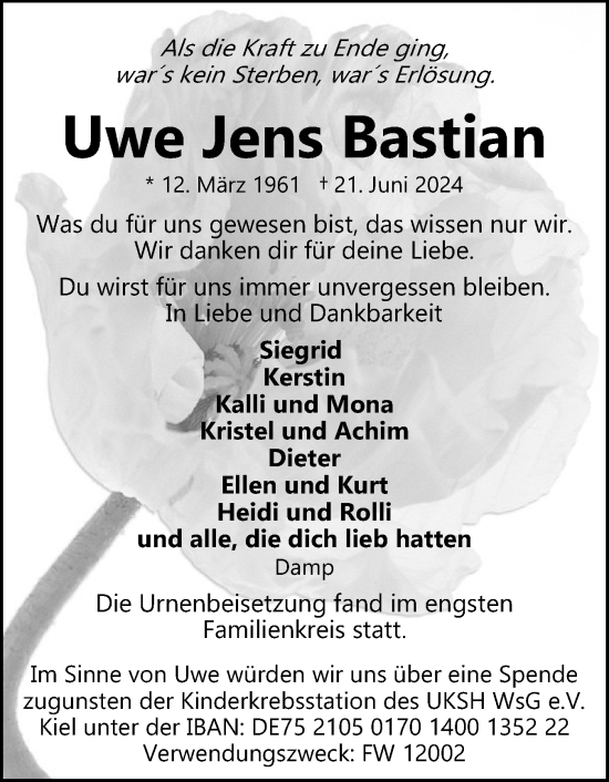 Traueranzeige von Uwe Jens Bastian von Eckernförder Zeitung, Hallo Eckernförde