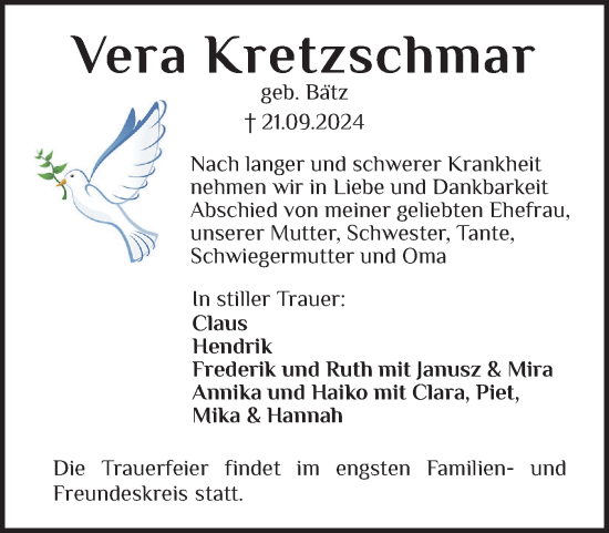 Traueranzeige von Vera Kretzschmar von Norddeutsche Rundschau, Wilstersche Zeitung, Glückstädter Fortuna
