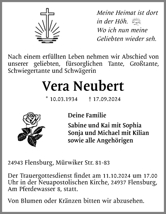 Traueranzeige von Vera Neubert von Flensburger Tageblatt