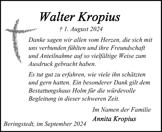 Traueranzeige von Walter Kropius von Schleswig-Holsteinische Landeszeitung