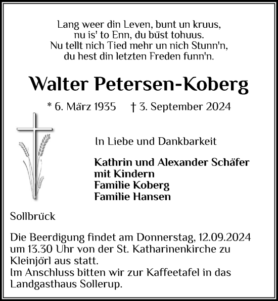 Traueranzeige von Walter Petersen-Koberg von Schleswiger Nachrichten, Schlei-Bote