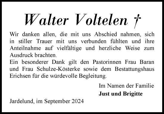 Traueranzeige von Walter Voltelen von Flensburger Tageblatt, Schleswiger Nachrichten, Schlei-Bote
