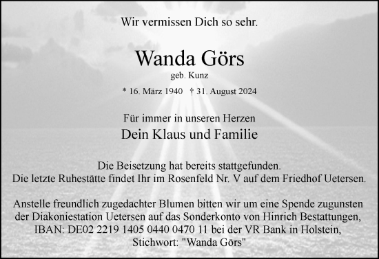 Traueranzeige von Wanda Görs von Uetersener Nachrichten, Der tip am Wochenende