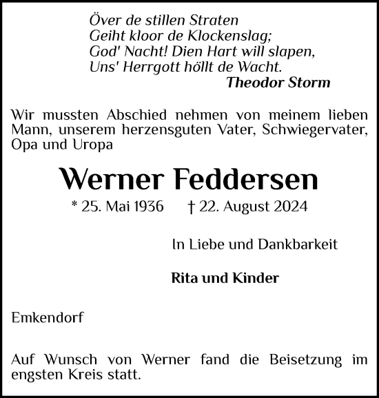 Traueranzeige von Werner Feddersen von Schleswig-Holsteinische Landeszeitung