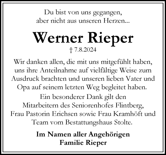 Traueranzeige von Werner Rieper von Eckernförder Zeitung, Hallo Eckernförde