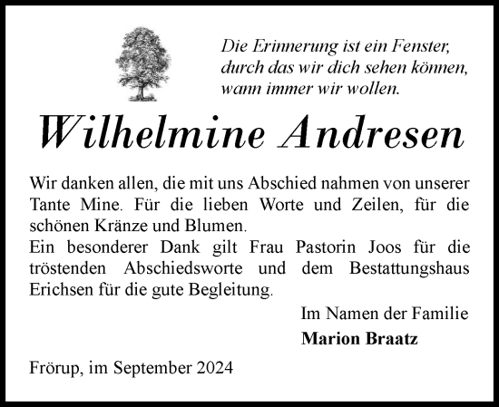 Traueranzeige von Wilhelmine Andresen von Flensburger Tageblatt