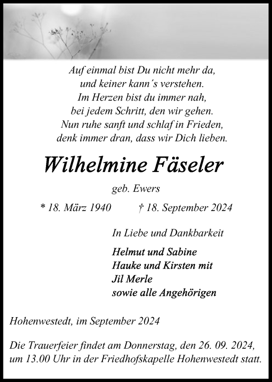 Traueranzeige von Wilhelmine Fäseler von Schleswig-Holsteinische Landeszeitung