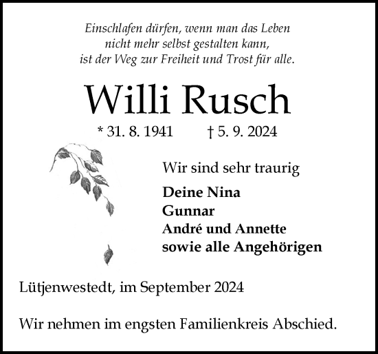 Traueranzeige von Willi Rusch von Schleswig-Holsteinische Landeszeitung
