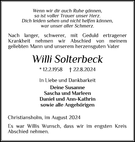 Traueranzeige von Willi Solterbeck von Schleswig-Holsteinische Landeszeitung