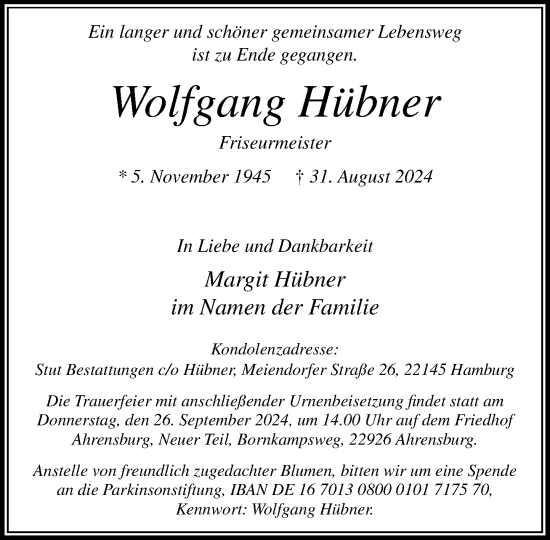 Traueranzeige von Wolfgang Hübner von Stormaner Tageblatt