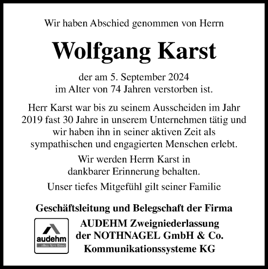 Traueranzeige von Wolfgang Karst von Holsteinischer Courier