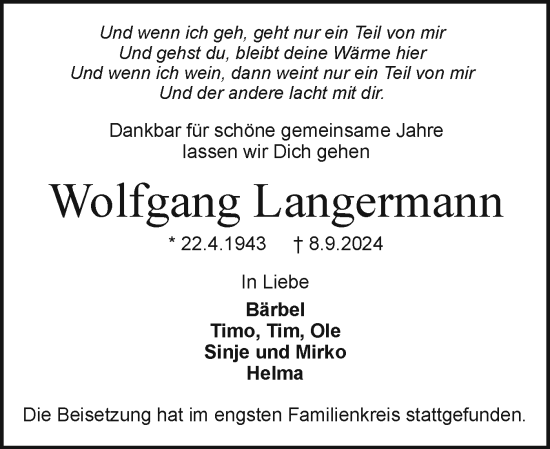Traueranzeige von Wolfgang Langermann von Holsteinischer Courier