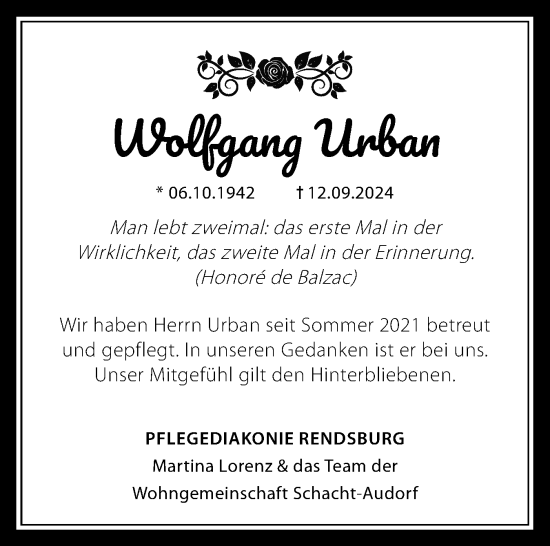Traueranzeige von Wolfgang Urban von Schleswig-Holsteinische Landeszeitung