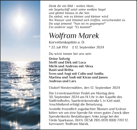 Traueranzeige von Wolfram Marek von Schleswig-Holsteinische Landeszeitung