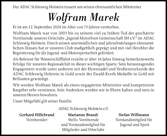 Traueranzeige von Wolfram Marek von Schleswig-Holsteinische Landeszeitung