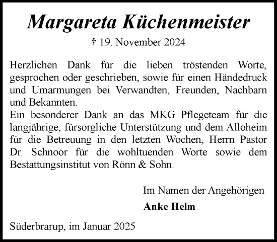 Traueranzeige von Margareta Küchenmeister von Schleswiger Nachrichten, Schlei-Bote