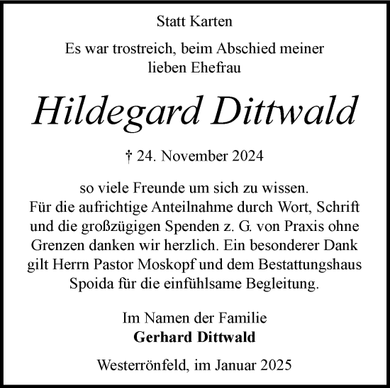 Traueranzeige von Hildegard Dittwald von Schleswig-Holsteinische Landeszeitung