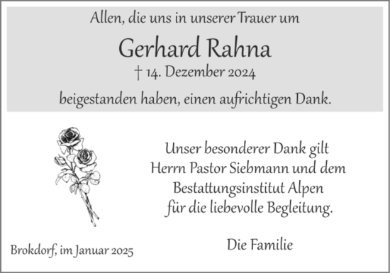 Traueranzeige von Gerhard Rahna von Norddeutsche Rundschau, Wilstersche Zeitung, Glückstädter Fortuna