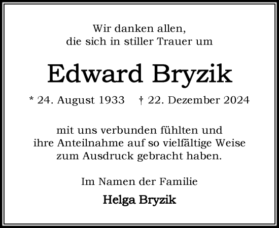Traueranzeige von Edward Bryzik von MARKT Ratzeburg/ Mölln