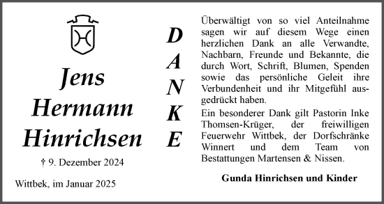 Traueranzeige von Jens Hermann Hinrichsen von Husumer Nachrichten, Nordfriesland Tageblatt