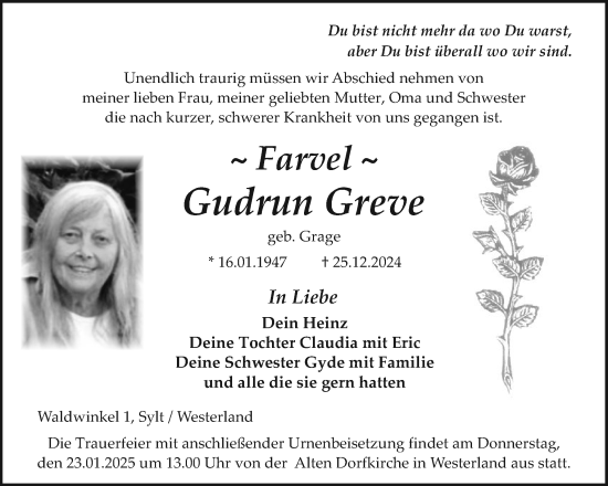 Traueranzeige von Gudrun Greve von Sylter Rundschau