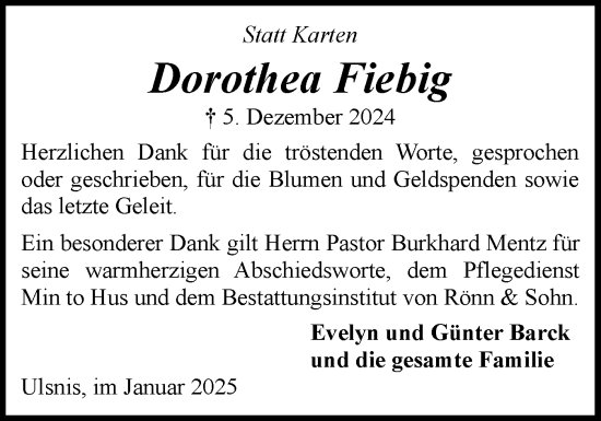 Traueranzeige von Dorothea Fiebig von Schleswiger Nachrichten, Schlei-Bote