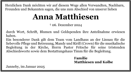 Traueranzeige von Anna Matthiesen von Flensburger Tageblatt, Schleswiger Nachrichten, Schlei-Bote