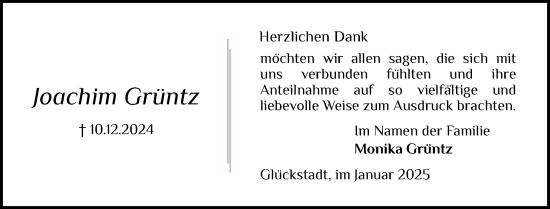 Traueranzeige von Joachim Grüntz von Norddeutsche Rundschau, Wilstersche Zeitung, Glückstädter Fortuna