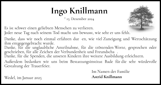 Traueranzeige von Ingo Knillmann von Wedel-Schulauer Tageblatt, tip Wedel-Schulauer Tageblatt, tip Rissener Rundschau