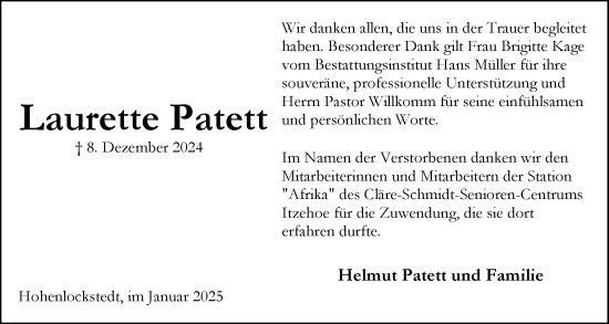 Traueranzeige von Laurette Patett von Norddeutsche Rundschau, Wilstersche Zeitung, Glückstädter Fortuna