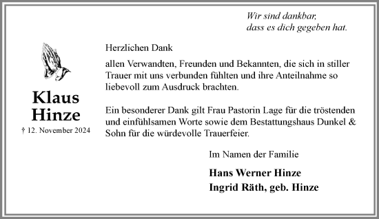 Traueranzeige von Klaus Hinze von MARKT Ratzeburg/ Mölln