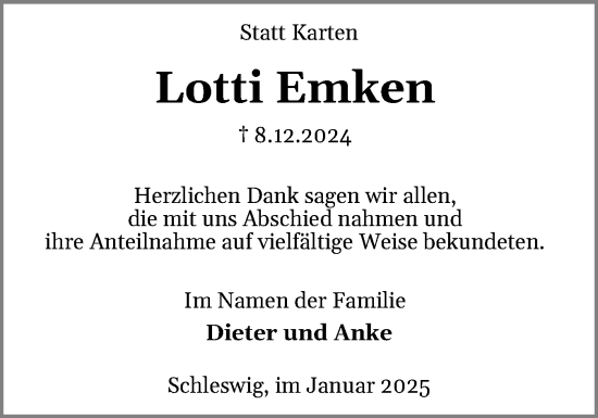 Traueranzeige von Lotti Emken von Schleswiger Nachrichten, Schlei-Bote