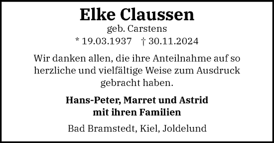 Traueranzeige von Elke Claussen von Husumer Nachrichten, Nordfriesland Tageblatt
