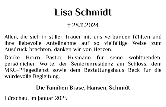 Traueranzeige von Lisa Schmidt von Schleswiger Nachrichten, Schlei-Bote