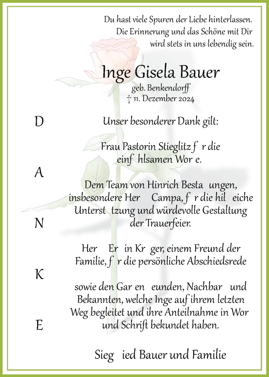 Traueranzeige von Inge Gisela Bauer von Uetersener Nachrichten, Der tip am Wochenende