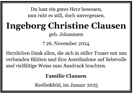 Traueranzeige von Ingeborg Christine Clausen von Region Flensburg