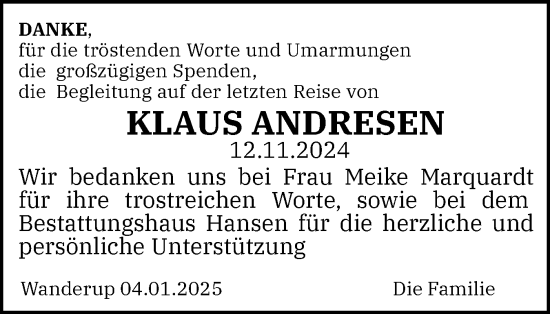 Traueranzeige von Klaus Andresen von Flensburger Tageblatt