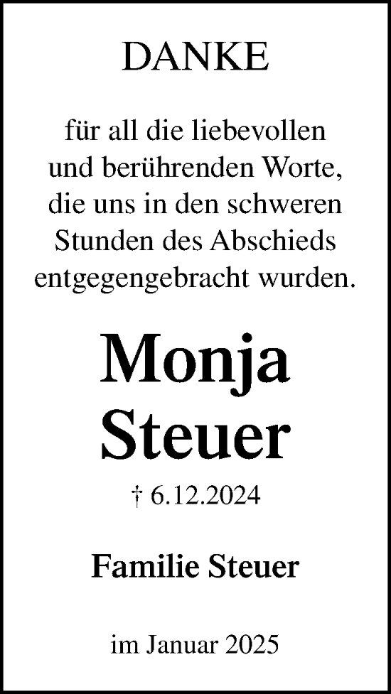 Traueranzeige von Monja Steuer von MARKT Ratzeburg/ Mölln