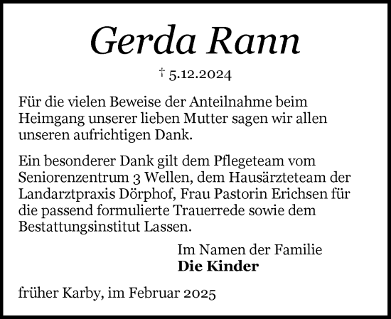 Traueranzeige von Gerda Rann von Schleswiger Nachrichten, Schlei-Bote