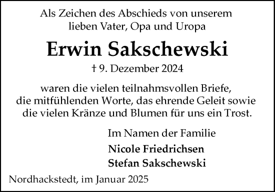 Traueranzeige von Erwin Sakschewski von Flensburger Tageblatt