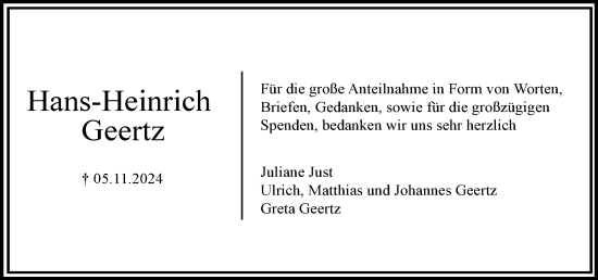 Traueranzeige von Hans-Heinrich Geertz von MARKT Ratzeburg/ Mölln