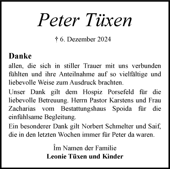 Traueranzeige von Peter Tüxen von Schleswig-Holsteinische Landeszeitung
