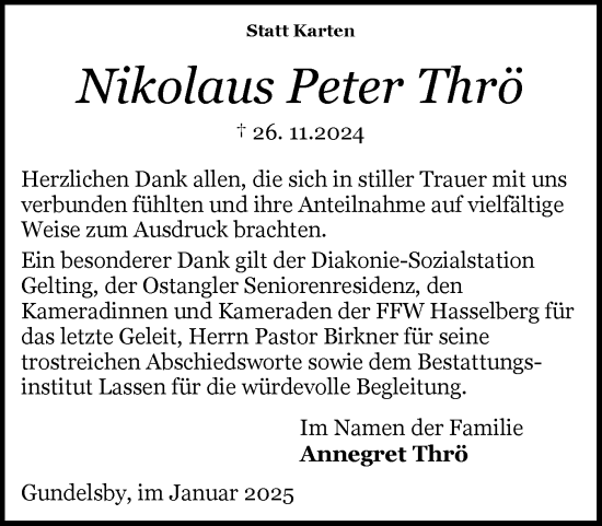 Traueranzeige von Nikolaus Peter Thrö von Flensburger Tageblatt, Schleswiger Nachrichten, Schlei-Bote